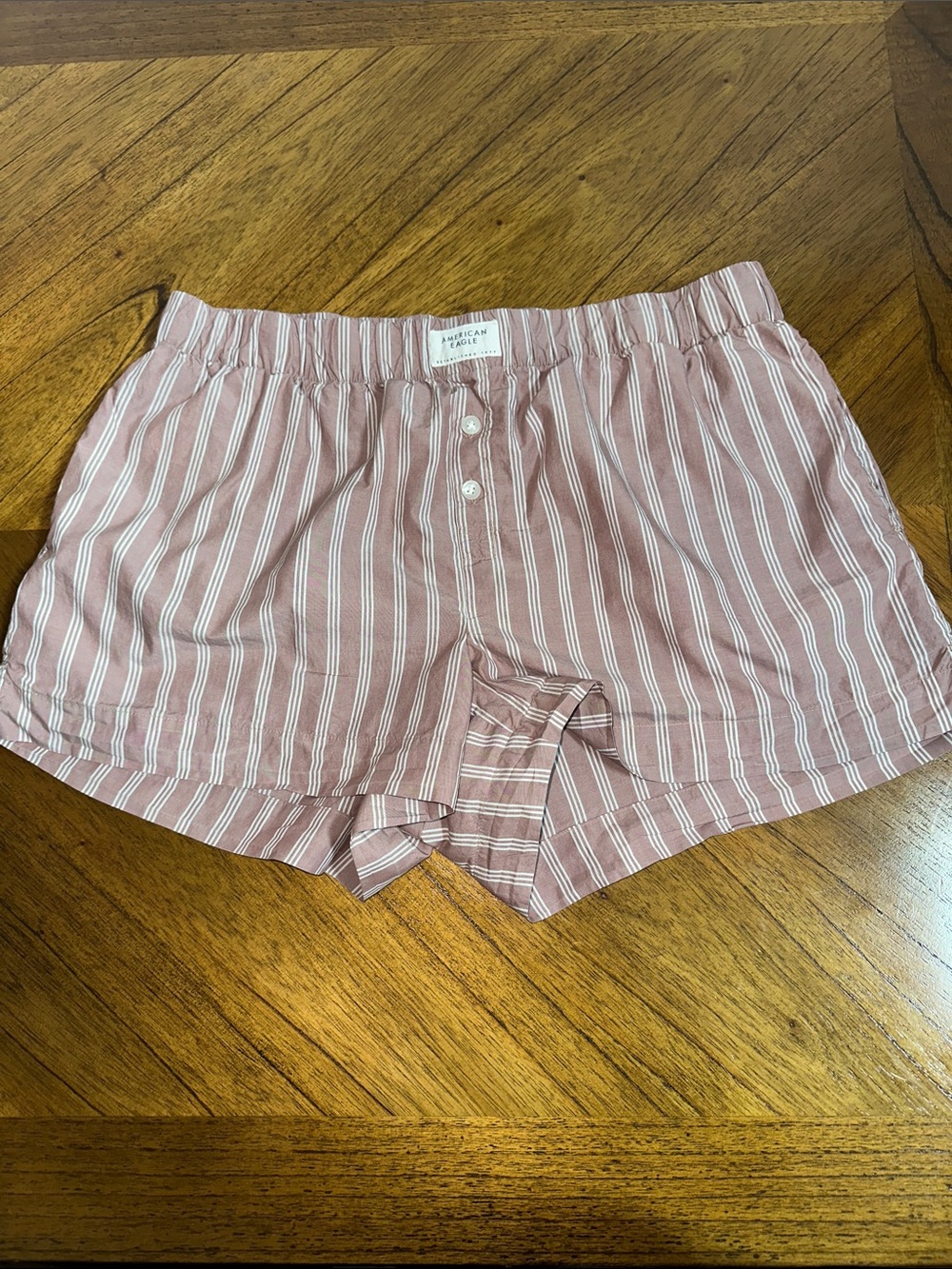 American Eagle striped boxer sleep shorts relaxed fit and button detailing.